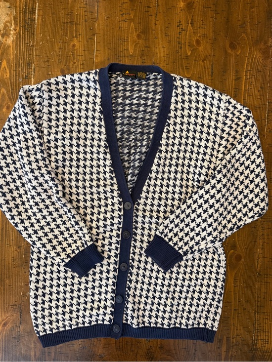 Sweaters - Vintage 90s Liz Sport Houndstooth Cardigan Navy & Cream Cotton Knit Sweater